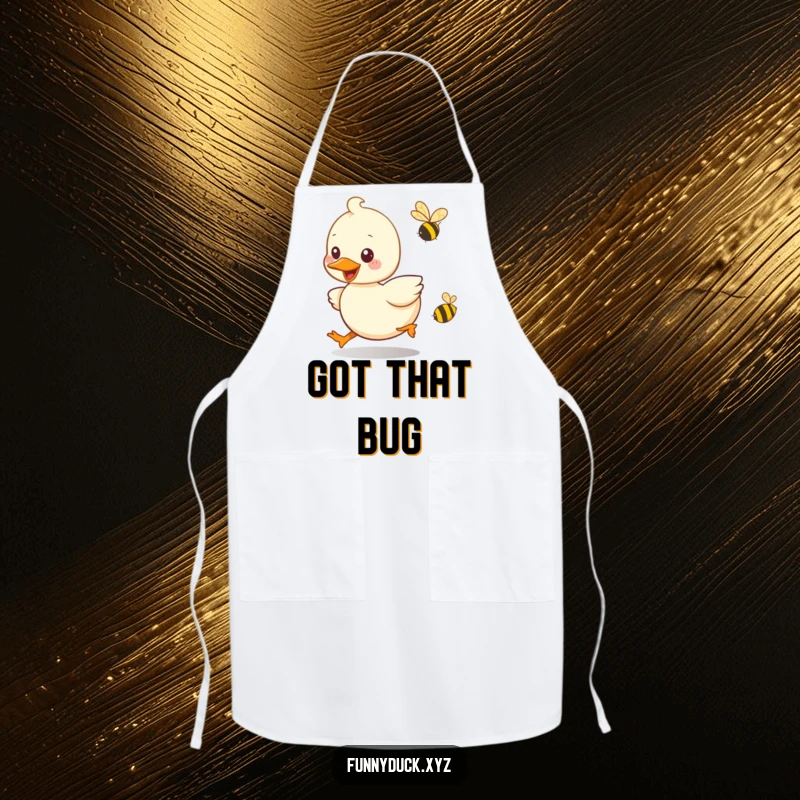 Funny Kawaii Duck Apron depicting a duck playfully chasing a buzzing bee, perfect for adding kitchen humor.