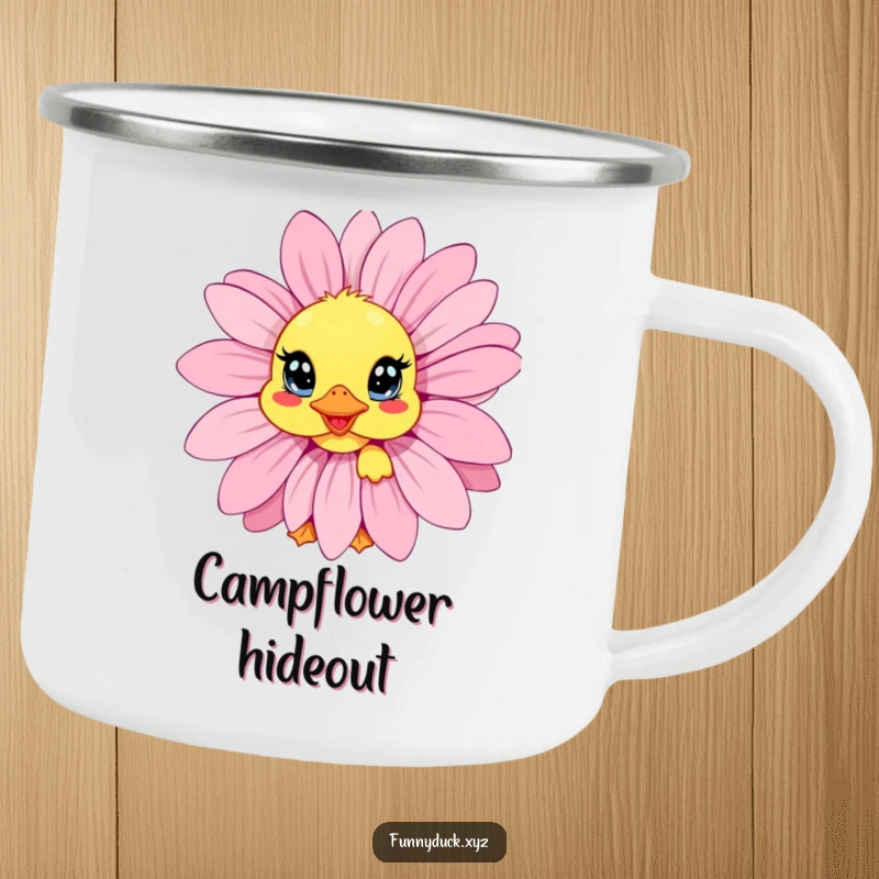 Funny Kawaii Duck Camping Mug showing a duck peeking from behind a daisy, ideal for humorous outdoor enjoyment.
