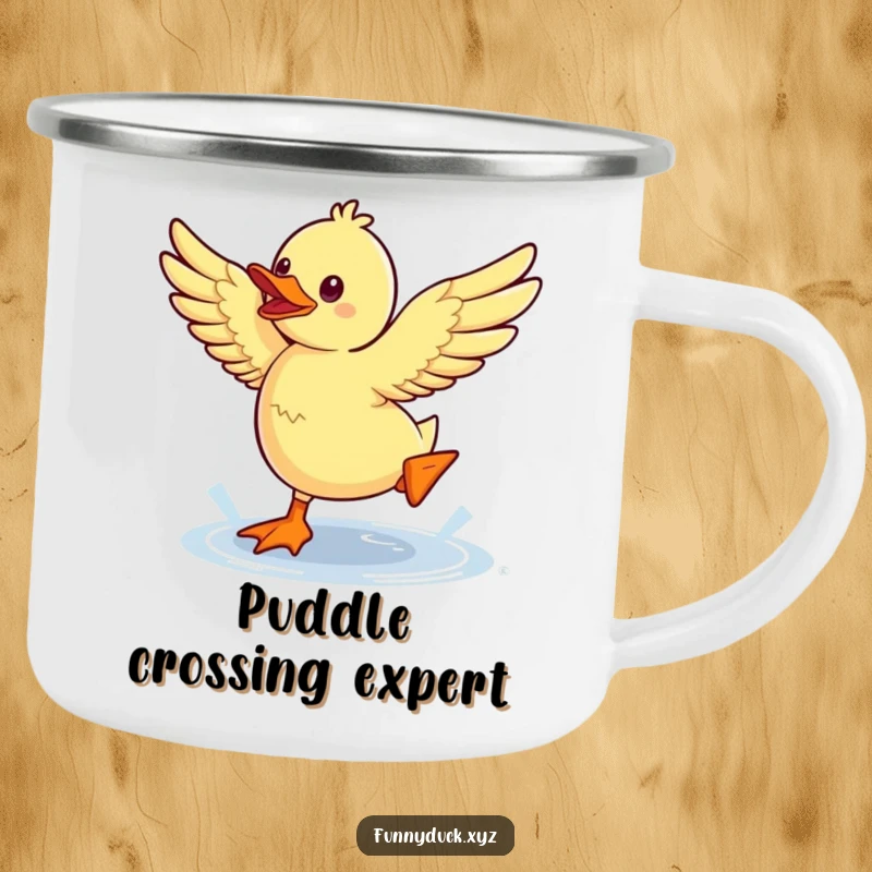 Funny Kawaii Duck Camping Mug showing a duck enthusiastically jumping a puddle, ideal for humorous outdoor enjoyment.