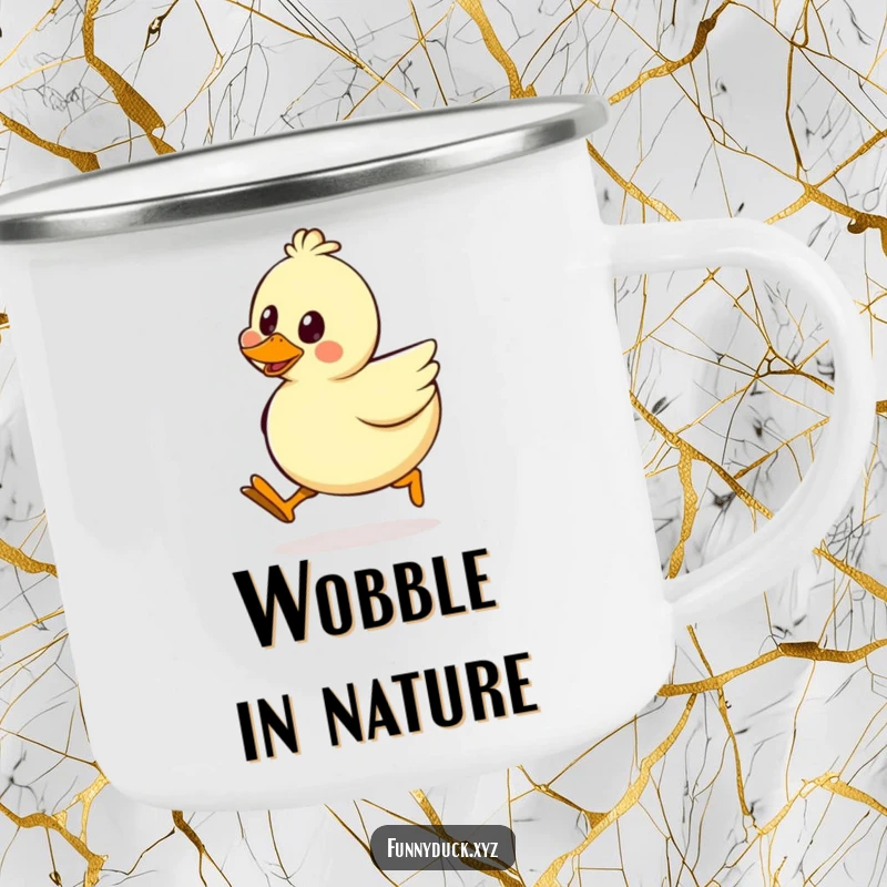 Funny Kawaii Duck Camping Mug featuring a duck in a funny silly walk, perfect for outdoor adventures and adding humor to your trip.