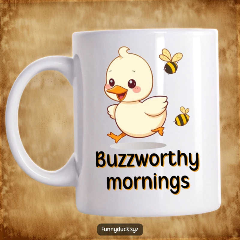 Funny Kawaii Duck Mug showing a duck happily chasing a small buzzing bee with a playful smile.