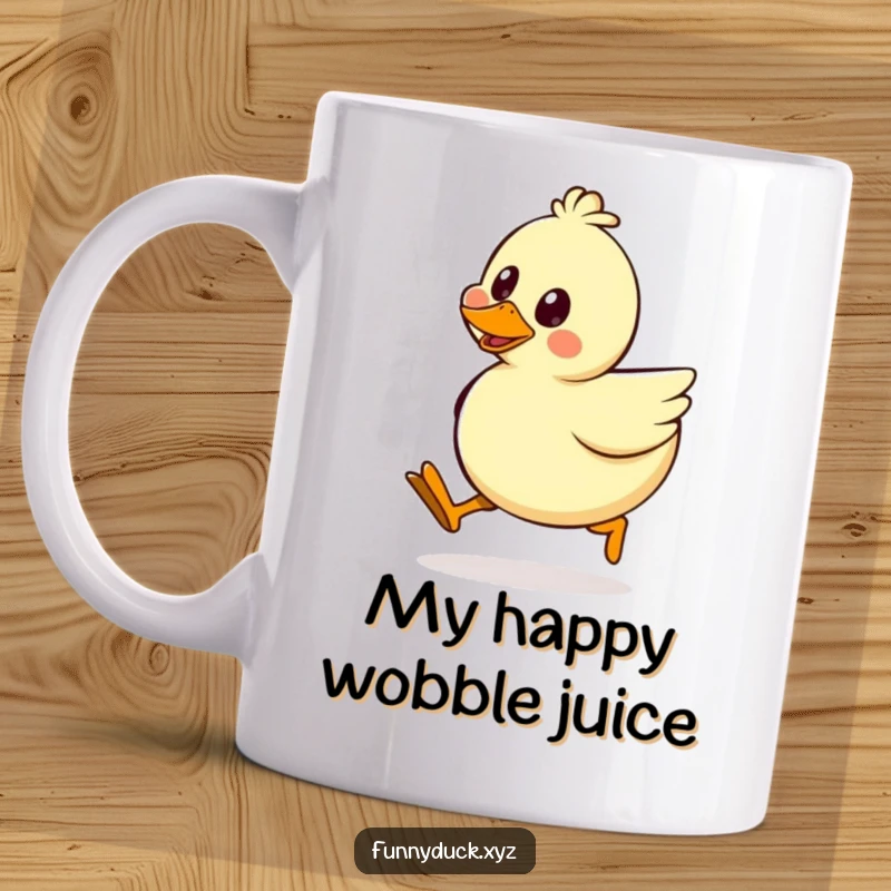 Funny Kawaii Duck Mug featuring a happy duck doing a silly walk with wobbly legs, spreading joy and laughter.