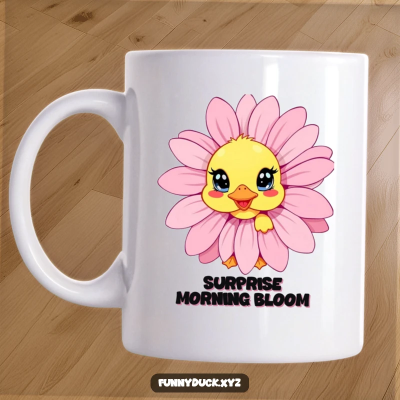 Funny Kawaii Duck Mug showing a duck peeking out from behind a giant daisy with wide, curious eyes.