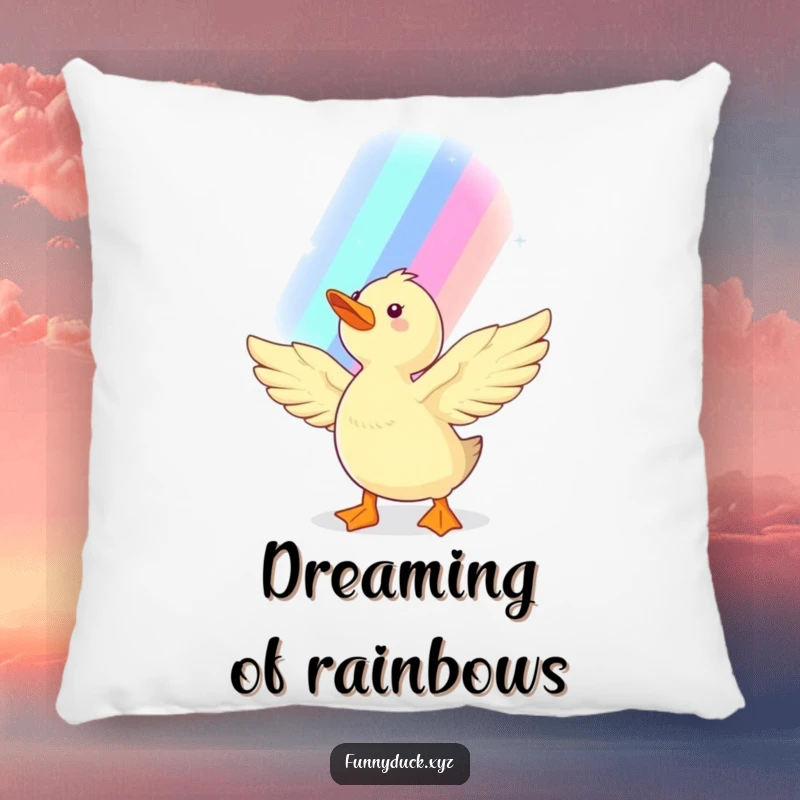 Funny Kawaii Duck Pillow featuring a happy duck reaching its wings towards a colorful rainbow, bringing comfort and sweet dreams.
