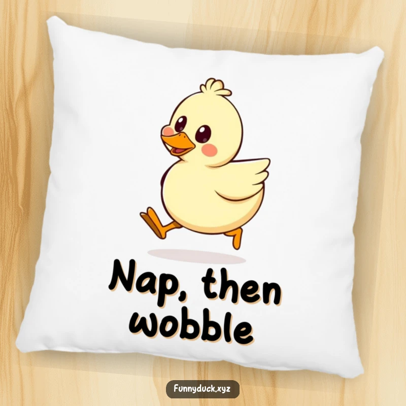 Funny Kawaii Duck Pillow featuring a happy duck mid-silly walk, its wobbly legs and joyful demeanor are incredibly charming.