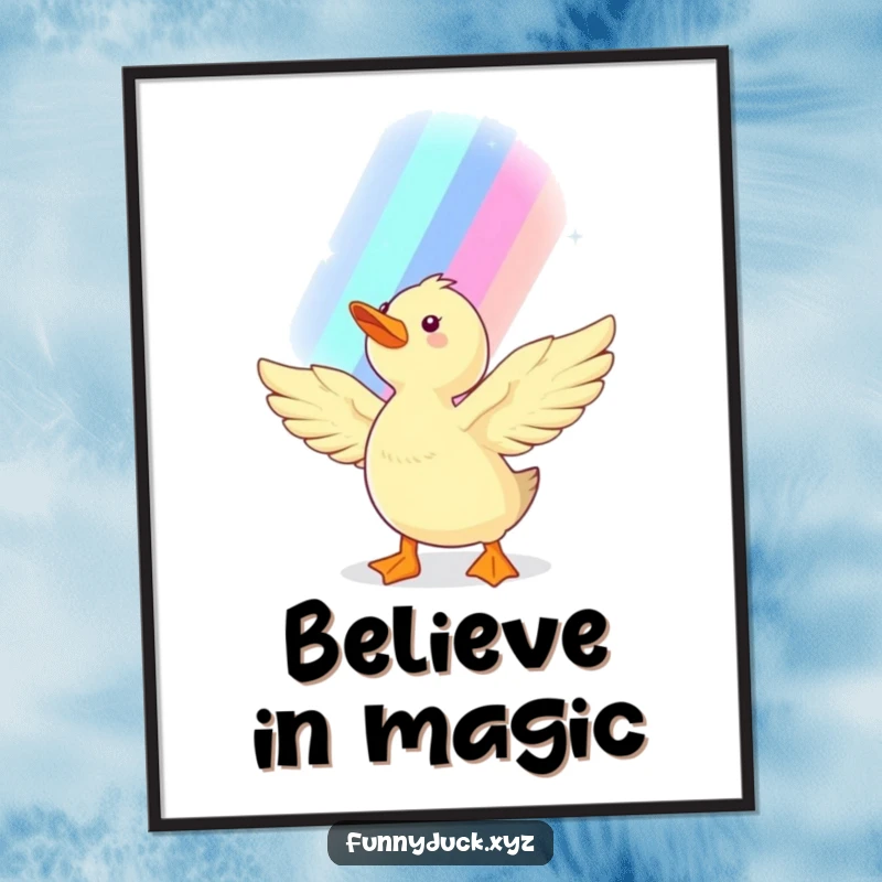 Funny Kawaii Duck Digital Art Print of a duck reaching for a shimmering rainbow, symbolizing hope, dreams, and joyful aspirations.