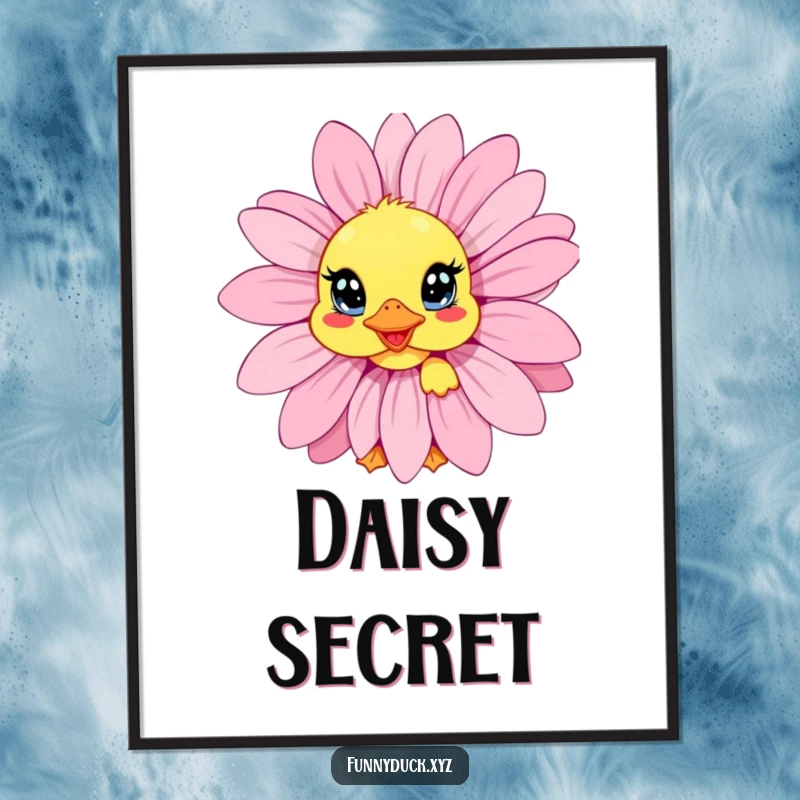 Funny Kawaii Duck Digital Art Print of a duck peeking from behind a giant, colorful daisy with wide, curious eyes.