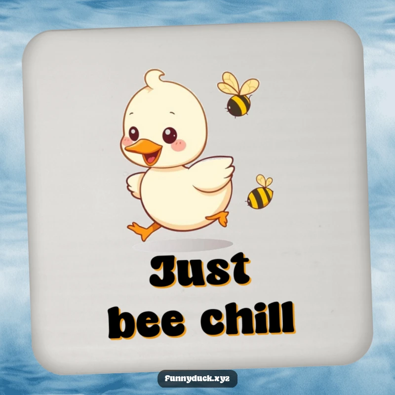 Funny Kawaii Duck Drink Coaster featuring a smiling duck playfully chasing a bee, perfect for adding playful humor.