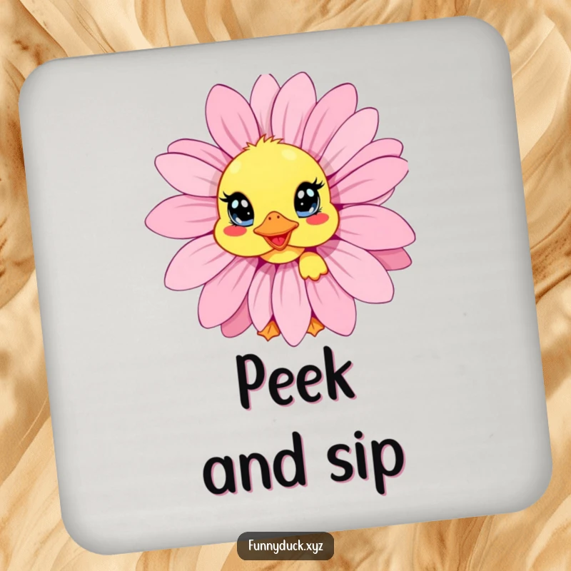 Funny Kawaii Duck Drink Coaster featuring a duck peeking shyly from behind a daisy, perfect for adding cute humor.