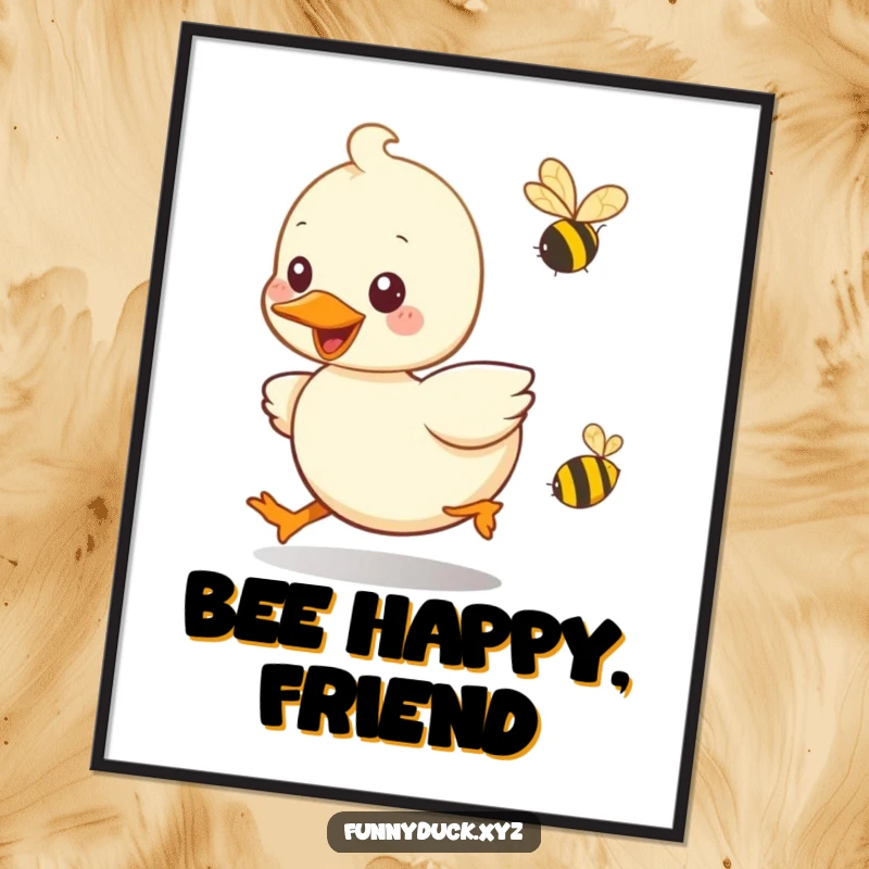 Funny Kawaii Duck Poster depicting a duck's playful pursuit of a tiny buzzing bee, full of smiling charm.
