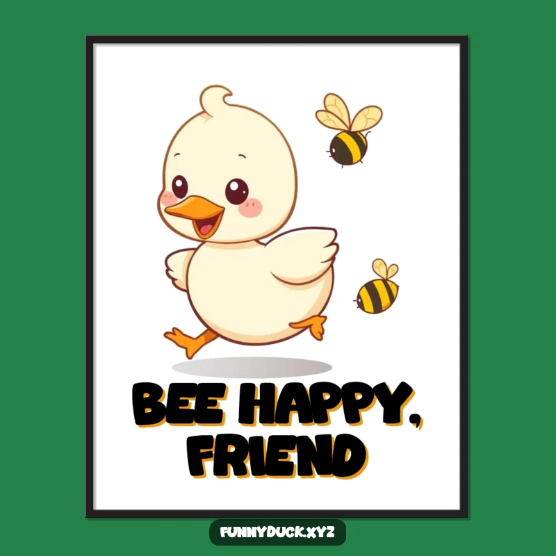 Funny Kawaii Duck Bee Chase Poster: Playful Art & Whimsical Scene, Great Funny Gift