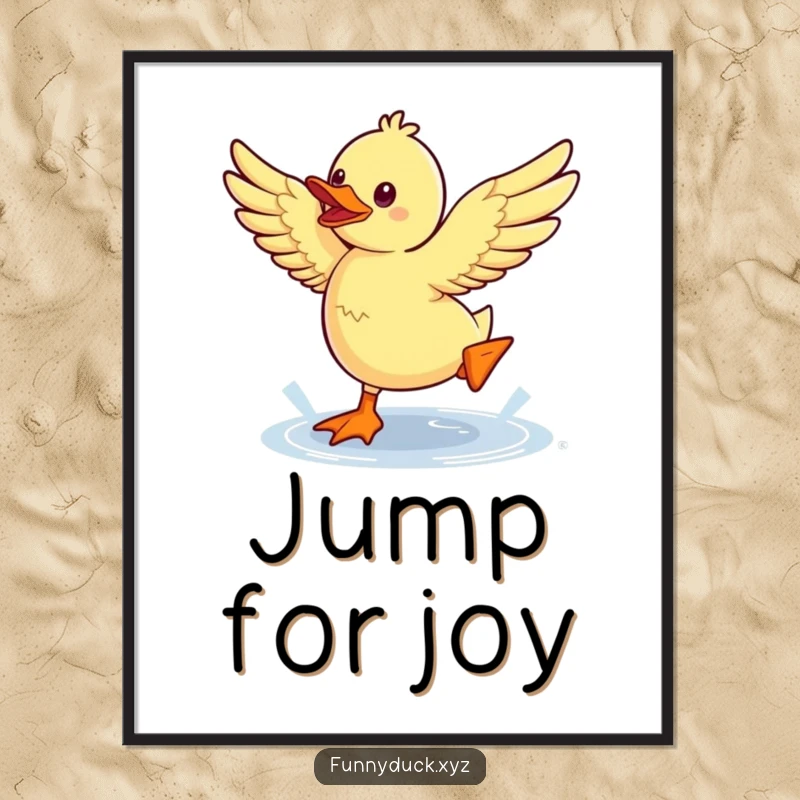Funny Kawaii Duck Poster capturing a duck's energetic wing-flapping while jumping over a small puddle.