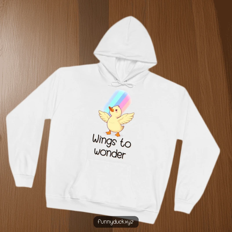 Funny Kawaii Duck Hoodie featuring a happy duck reaching its wings towards a beautiful, shimmering rainbow, inspiring hope and adventure.