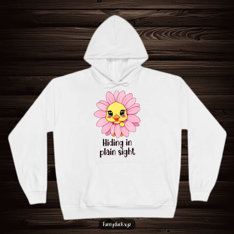 Funny Kawaii Duck Hoodie featuring a cute duck peeking with wide eyes from behind a giant daisy, blending coziness and charm.