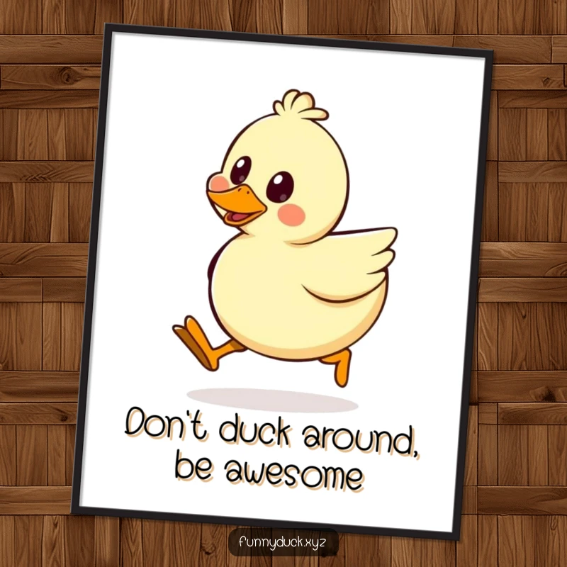 Funny Free Printable Wall Art: A kawaii duck with wobbly legs doing a silly walk, bringing humorous energy to the wall.