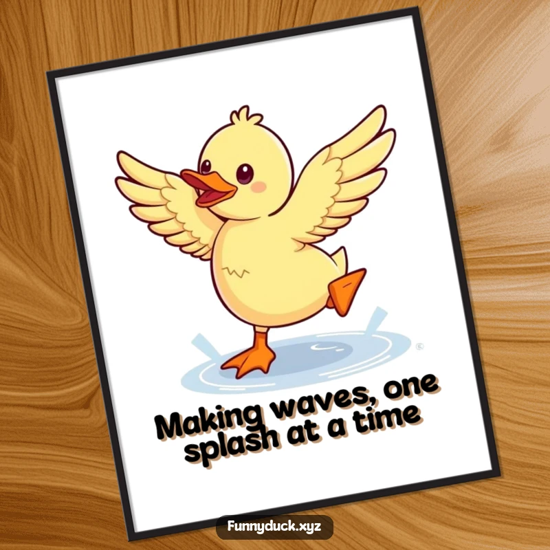 Funny Free Printable Wall Art: Kawaii duck flapping wings enthusiastically while jumping a small puddle with pure delight.