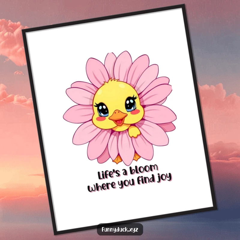 Funny Free Printable Wall Art: Kawaii duck peeking out from behind a giant, colorful daisy with wide, innocent eyes.