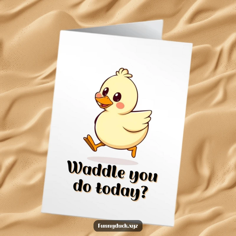 Funny Free Printable Birthday Card: Kawaii duck with wobbly legs doing a silly walk, spreading joy and birthday wishes.