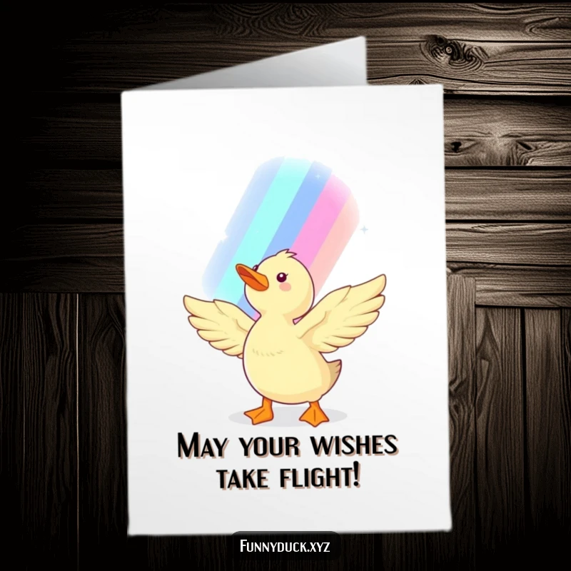 Free Printable Birthday Card: A kawaii duck with outstretched wings reaching for a shimmering rainbow, symbolizing bright wishes.