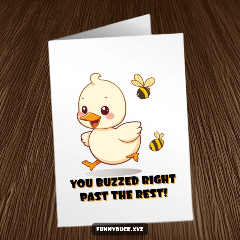 Funny Free Printable Congrats Card: Kawaii duck playfully chasing a tiny, buzzing bee with determination and joy.