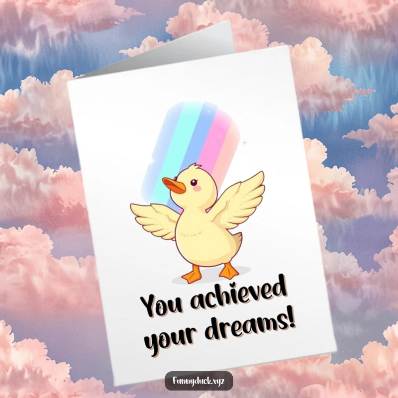 Free Printable Congratulations Card: A kawaii duck with wings outstretched, reaching towards a beautiful shimmering rainbow in celebration.