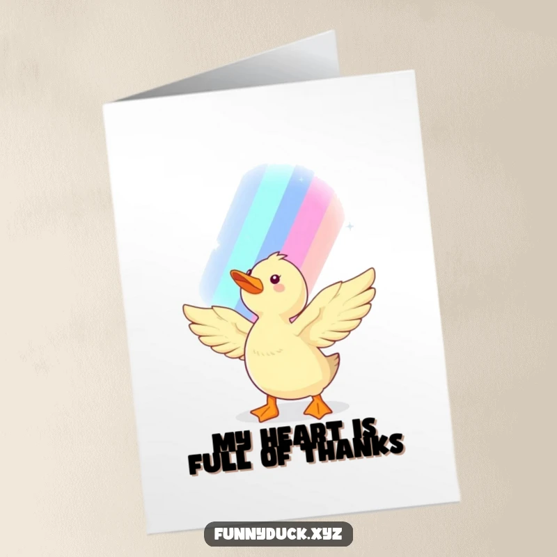Free Printable Thank You Card: A kawaii duck with outstretched wings reaching for a rainbow, expressing sincere gratitude.