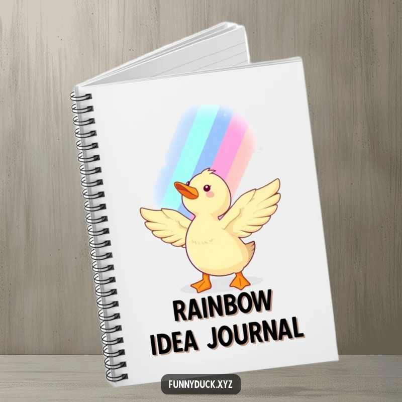 Funny Kawaii Duck Notebook with a design of a duck reaching for a rainbow, perfect for journaling dreams and creative ideas.