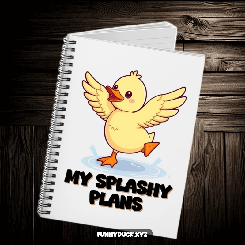 Funny Kawaii Duck Notebook with a duck energetically jumping a puddle, great for jotting down cheerful notes.
