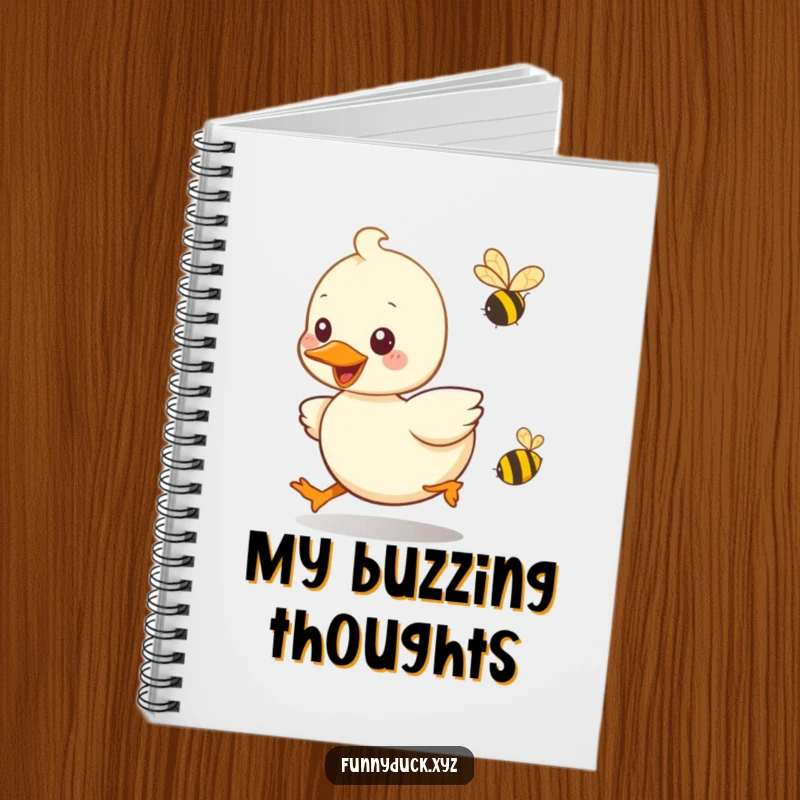 Funny Kawaii Duck Notebook with a smiling duck playfully chasing a bee, great for jotting down cheerful notes.