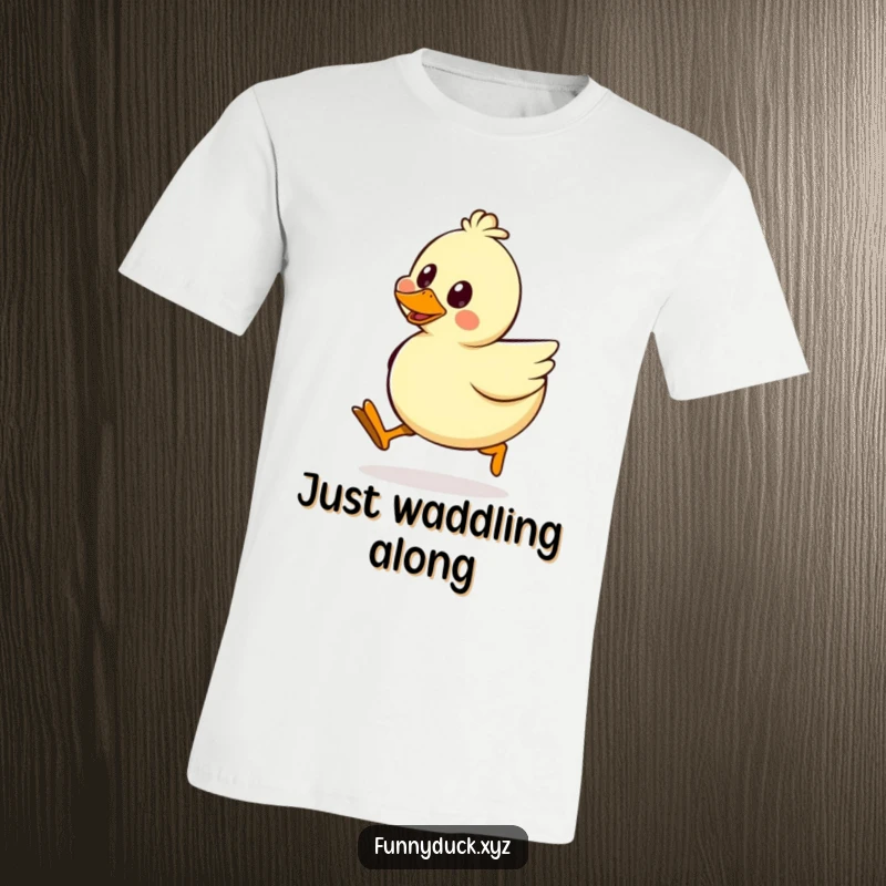 Funny Kawaii Duck T-Shirt depicting a duck doing a comical silly walk with unsteady, wobbly legs and a beaming smile.