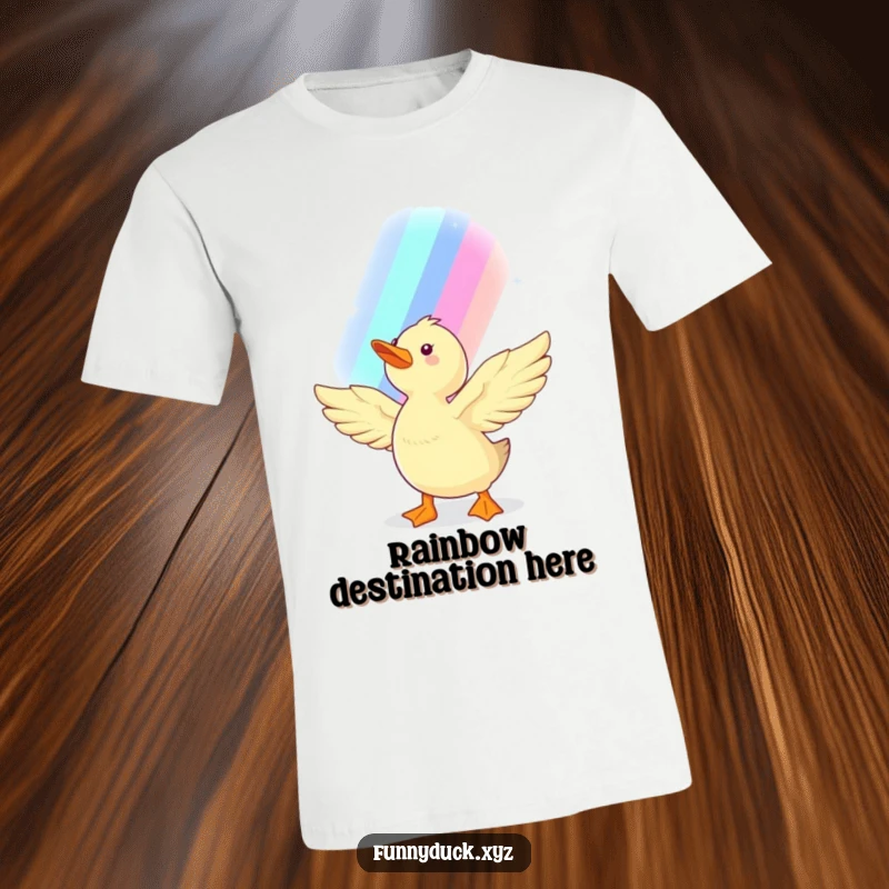 Funny Kawaii Duck T-Shirt showing a joyful duck with outstretched wings reaching for a sparkling, magical rainbow, embodying hope.