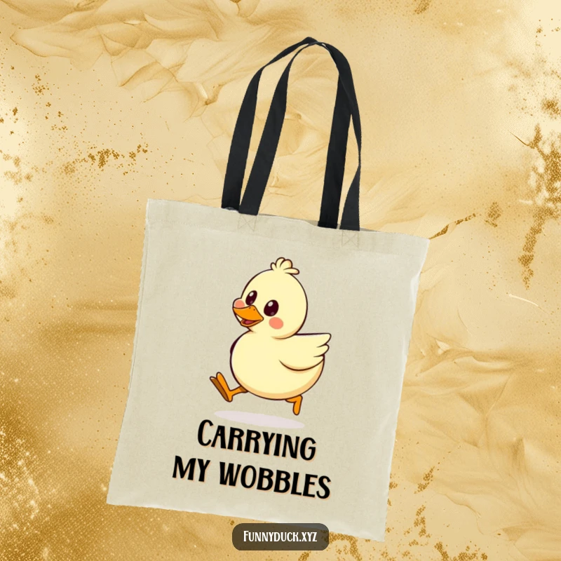 Funny Kawaii Duck Tote Bag featuring a duck in the middle of a funny silly walk, its wobbly legs and happy face are infectious.